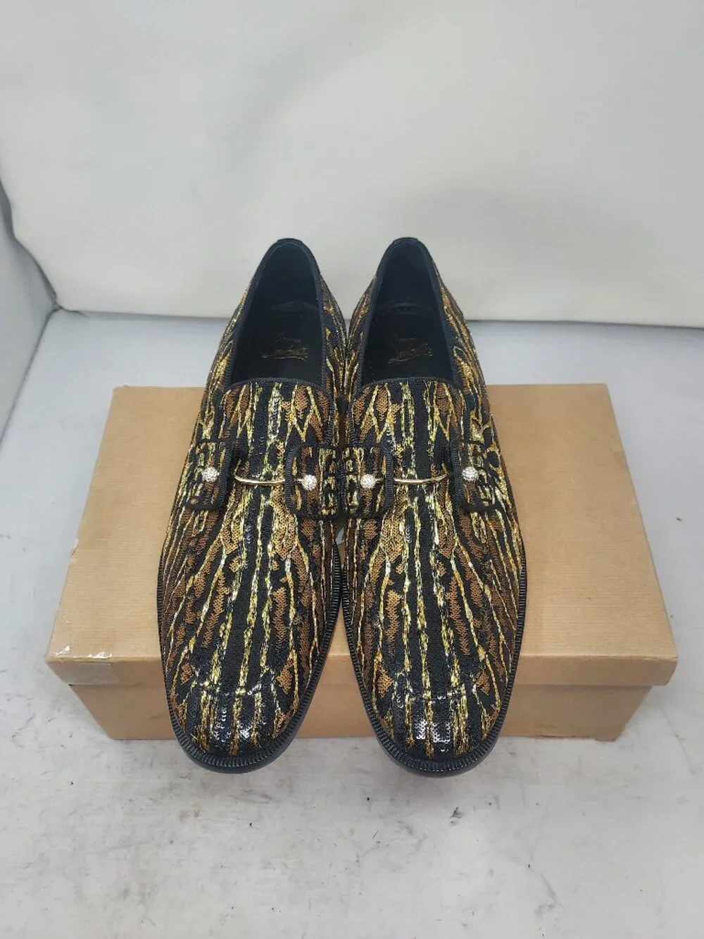 Christian Louboutin Chambelimoc Black Gold Night Men Strass Ocelot Loafer